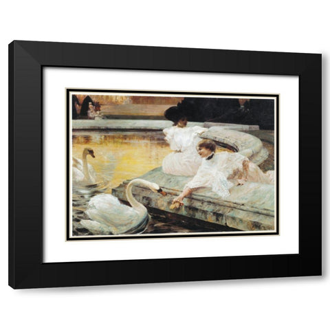 Two Swans Black Modern Wood Framed Art Print with Double Matting by Unknown