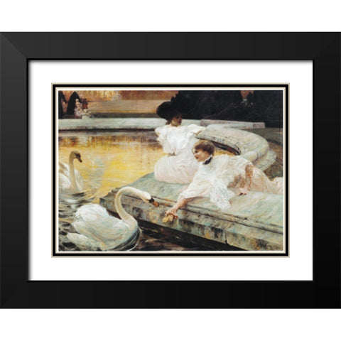 Two Swans Black Modern Wood Framed Art Print with Double Matting by Unknown