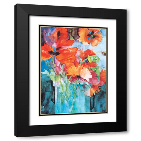Orange And Blue Floral Black Modern Wood Framed Art Print with Double Matting by Unknown