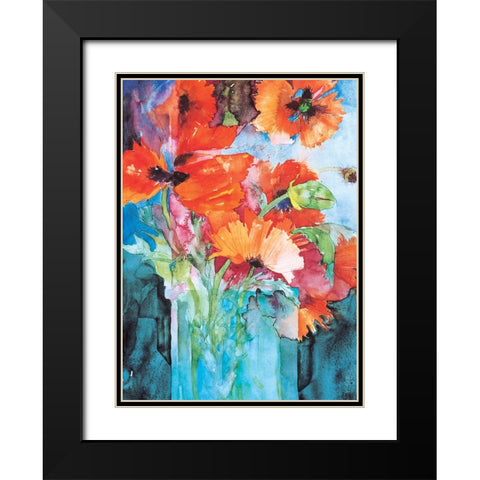 Orange And Blue Floral Black Modern Wood Framed Art Print with Double Matting by Unknown