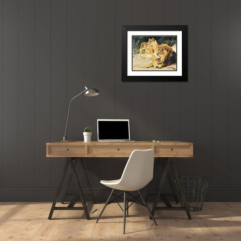 Two Lions Black Modern Wood Framed Art Print with Double Matting by Unknown