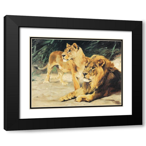 Two Lions Black Modern Wood Framed Art Print with Double Matting by Unknown