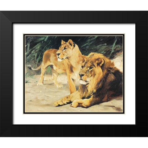 Two Lions Black Modern Wood Framed Art Print with Double Matting by Unknown