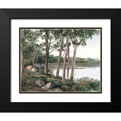 Lake and Trees Black Modern Wood Framed Art Print with Double Matting by Unknown