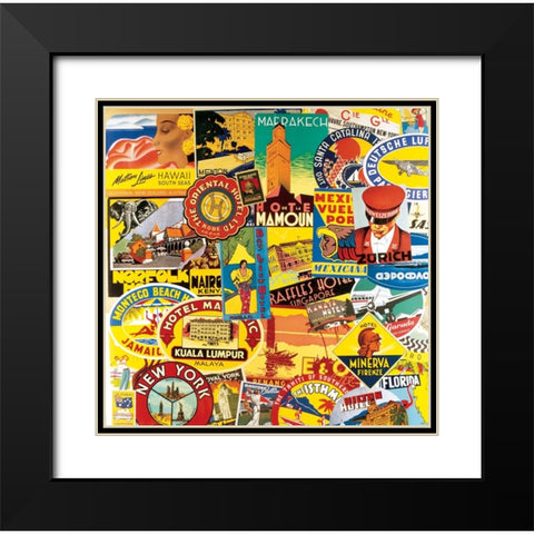 Travel Stickers Collage Black Modern Wood Framed Art Print with Double Matting by Unknown