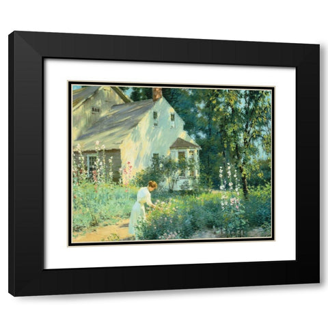 Picking Flowers Black Modern Wood Framed Art Print with Double Matting by Unknown