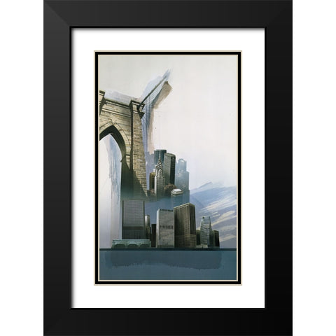 NYC Brooklyn Bridge Black Modern Wood Framed Art Print with Double Matting by Unknown