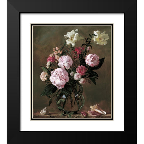 Flowers And Sea Shells Black Modern Wood Framed Art Print with Double Matting by Unknown