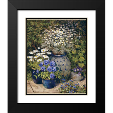 Blue Vases And Flowers Black Modern Wood Framed Art Print with Double Matting by Unknown