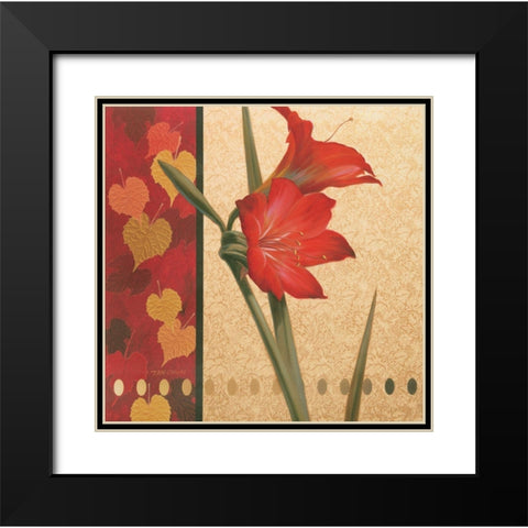 Red Amaryllis Damasque Black Modern Wood Framed Art Print with Double Matting by Unknown