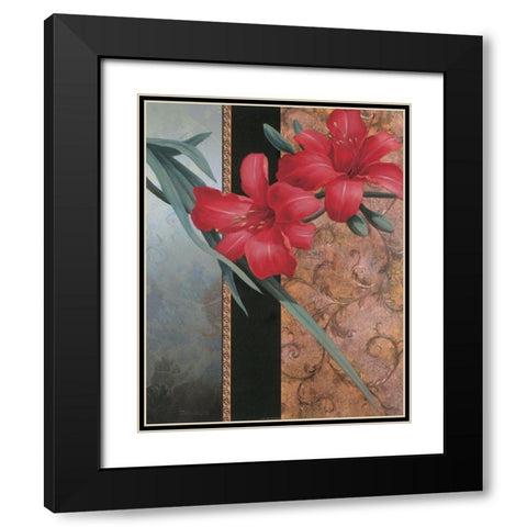 Red Lily Teal Damasque Black Modern Wood Framed Art Print with Double Matting by Unknown