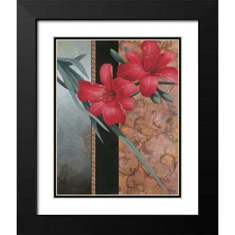 Red Lily Teal Damasque Black Modern Wood Framed Art Print with Double Matting by Unknown