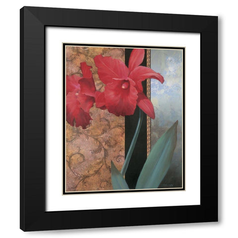 Red Orchid Teal Damasque Black Modern Wood Framed Art Print with Double Matting by Unknown