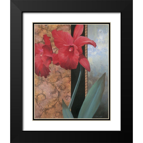Red Orchid Teal Damasque Black Modern Wood Framed Art Print with Double Matting by Unknown