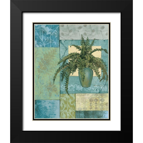 Aqua Blue Fern Collage Black Modern Wood Framed Art Print with Double Matting by Unknown