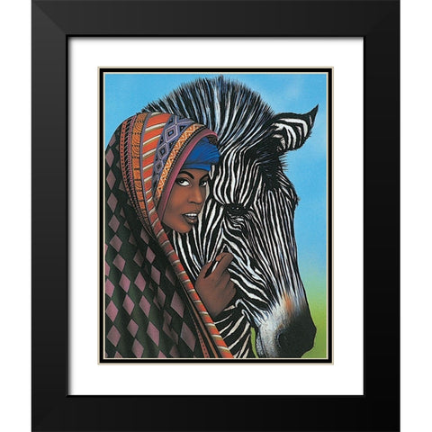 Woman and Zebra Black Modern Wood Framed Art Print with Double Matting by Unknown