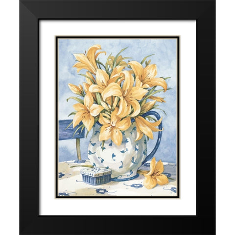 Yellow Orchids and Blue Vase II Black Modern Wood Framed Art Print with Double Matting by Unknown