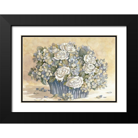 White Rose and Blue Vase Black Modern Wood Framed Art Print with Double Matting by Unknown