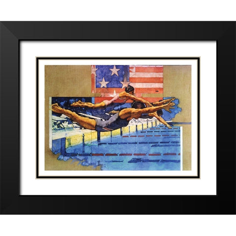 Olympic Swimmers Black Modern Wood Framed Art Print with Double Matting by Frontline
