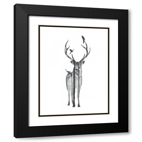 Deer with birds Black Modern Wood Framed Art Print with Double Matting by Braun Studio