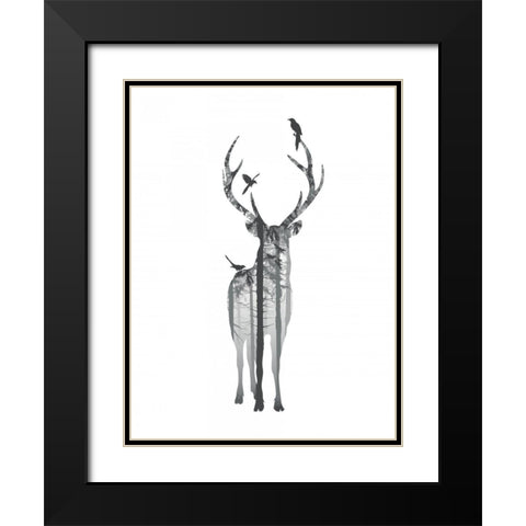 Deer with birds Black Modern Wood Framed Art Print with Double Matting by Braun Studio