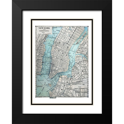 New York Map Black Modern Wood Framed Art Print with Double Matting by Braun Studio