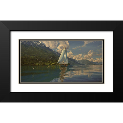 Sail on the Lake Black Modern Wood Framed Art Print with Double Matting by Adamov, Alexey