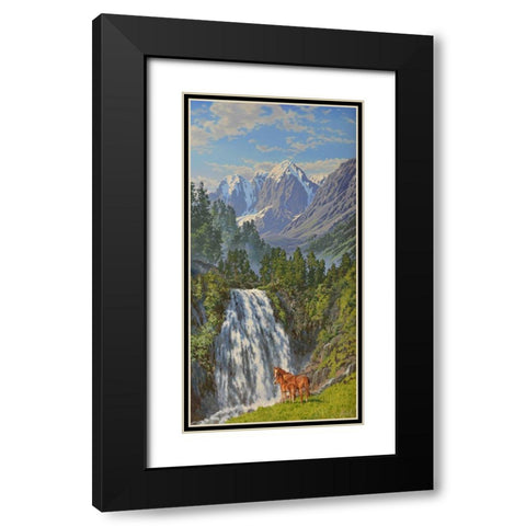 Horses by Waterfall in the Mountains Black Modern Wood Framed Art Print with Double Matting by Adamov, Alexey