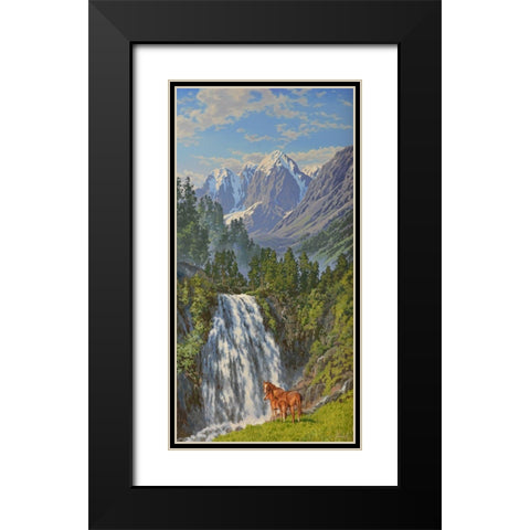 Horses by Waterfall in the Mountains Black Modern Wood Framed Art Print with Double Matting by Adamov, Alexey