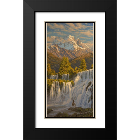 Deer by Waterfall in the Mountains Black Modern Wood Framed Art Print with Double Matting by Adamov, Alexey