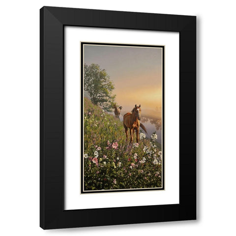 Horses by River Don Black Modern Wood Framed Art Print with Double Matting by Adamov, Alexey