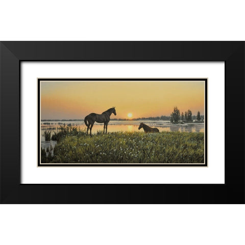 Horses by Sunrise Black Modern Wood Framed Art Print with Double Matting by Adamov, Alexey