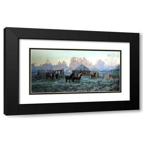 Horses in old Village Black Modern Wood Framed Art Print with Double Matting by Adamov, Alexey