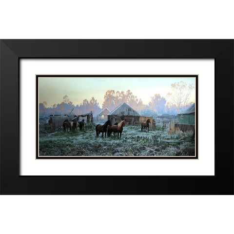 Horses in old Village Black Modern Wood Framed Art Print with Double Matting by Adamov, Alexey
