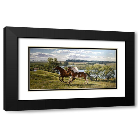 Horses by River Volga Black Modern Wood Framed Art Print with Double Matting by Adamov, Alexey