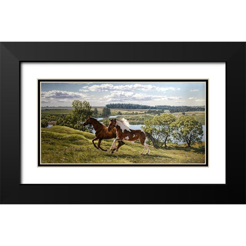 Horses by River Volga Black Modern Wood Framed Art Print with Double Matting by Adamov, Alexey