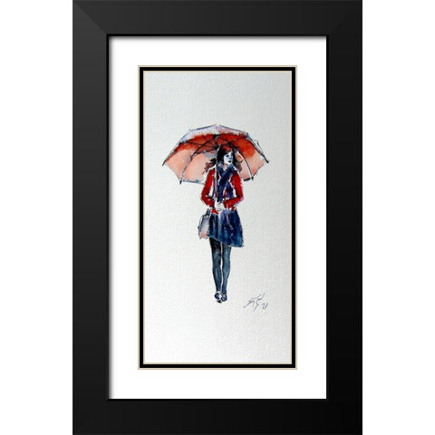 Walking Girl with Umbrella Black Modern Wood Framed Art Print with Double Matting by Kovacs, Anna Brigite