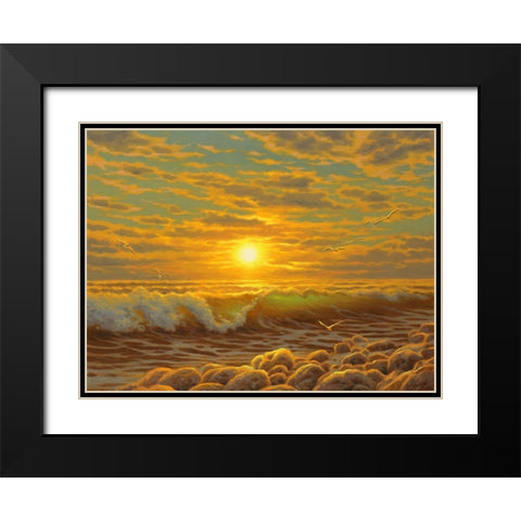 Sunset over the  Sea with Seagulls II Black Modern Wood Framed Art Print with Double Matting by Adamov, Alexey