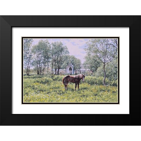 Village with a Horse Black Modern Wood Framed Art Print with Double Matting by Adamov, Alexey