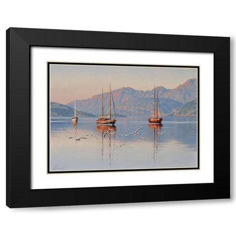 Yacht and Seagulls Black Modern Wood Framed Art Print with Double Matting by Adamov, Alexey