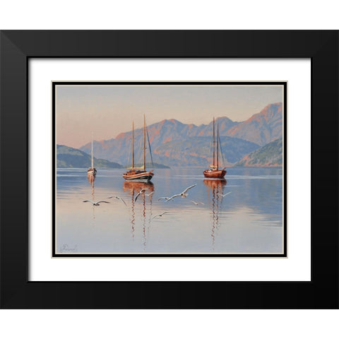 Yacht and Seagulls Black Modern Wood Framed Art Print with Double Matting by Adamov, Alexey