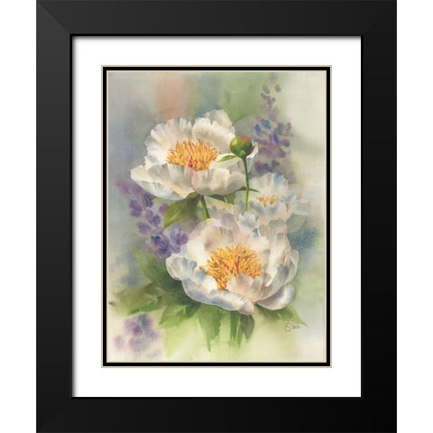 White Peonies Black Modern Wood Framed Art Print with Double Matting by Besedina, Anastasiia