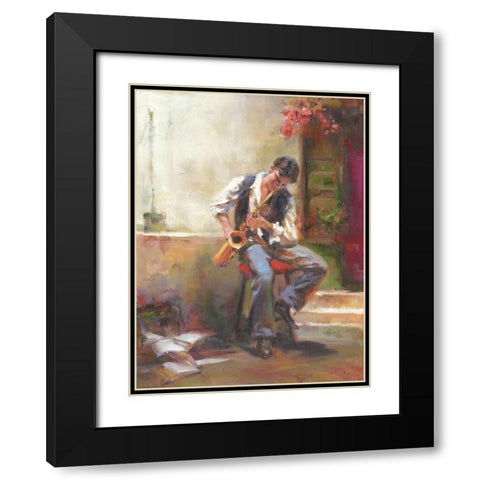 A Boy with Trumpet Black Modern Wood Framed Art Print with Double Matting by Noches, Fernando