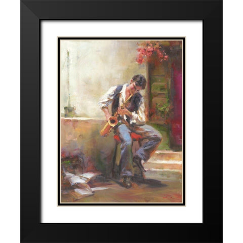 A Boy with Trumpet Black Modern Wood Framed Art Print with Double Matting by Noches, Fernando