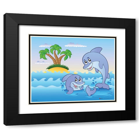Happy Dolphins Black Modern Wood Framed Art Print with Double Matting by Viskova, Klara