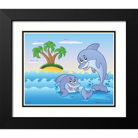 Happy Dolphins Black Modern Wood Framed Art Print with Double Matting by Viskova, Klara