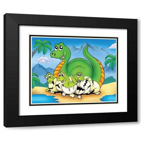 Lucky Dinosaur with Babes Black Modern Wood Framed Art Print with Double Matting by Viskova, Klara