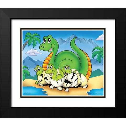 Lucky Dinosaur with Babes Black Modern Wood Framed Art Print with Double Matting by Viskova, Klara