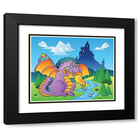Happy Pink Dragon Black Modern Wood Framed Art Print with Double Matting by Viskova, Klara