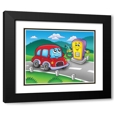 Red Car with Smiling Petrol Station Black Modern Wood Framed Art Print with Double Matting by Viskova, Klara